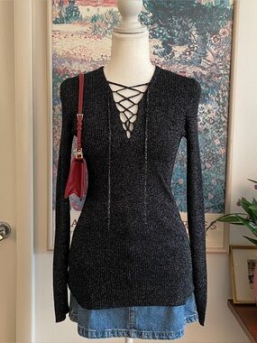 Sandro Paris Lace-Up Top Size XS/S Black Metallic Ribbed Knit Indie Sleaze Y2K